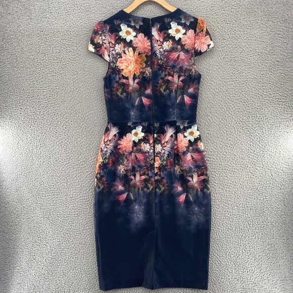 Betsey Johnson Dress Womens 4 Navy Multi Floral Sheath Scuba Career Cap Sleeve - Picture 3 of 12